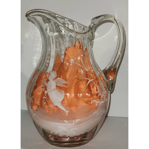 Vintage Bown Glass Ribbed Hand Painted OOAK Juice Iced Tea Pitcher 9" - Picture 2 of 6